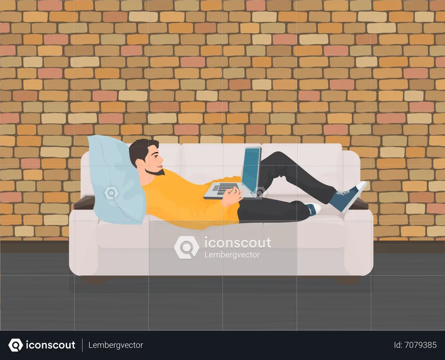 Mann liegt mit Laptop auf dem Sofa  Illustration