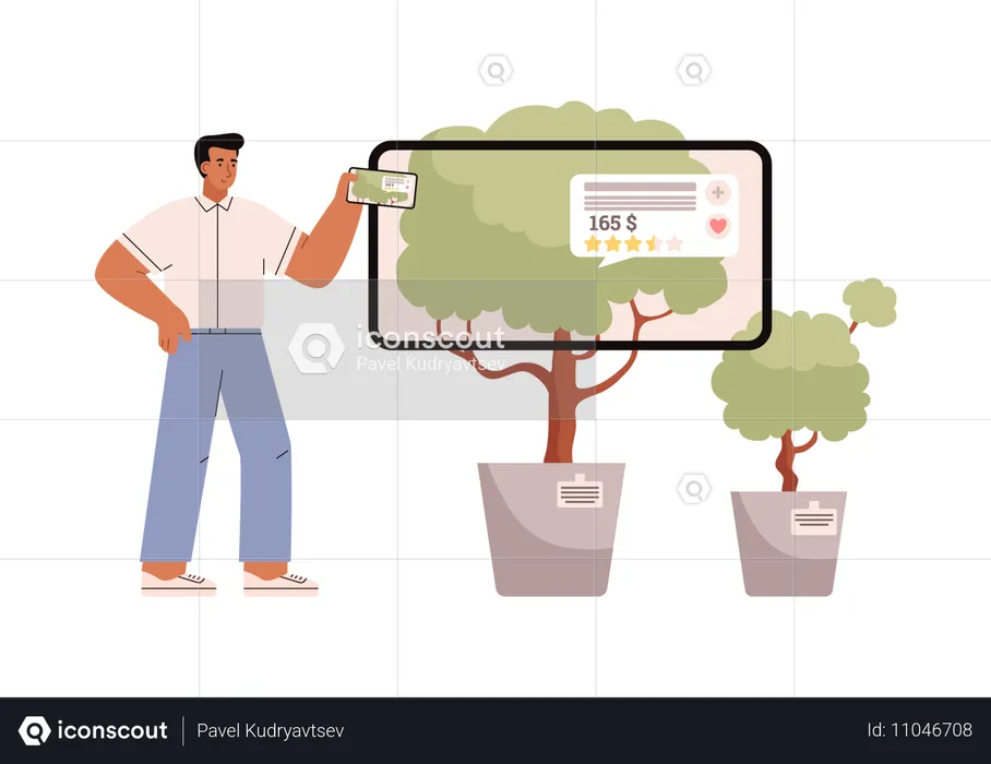 Mann beim Einkaufen mithilfe von Augmented-Reality-Technologie  Illustration