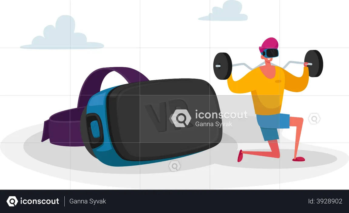 Mann macht Gewichtheben mit VR  Illustration