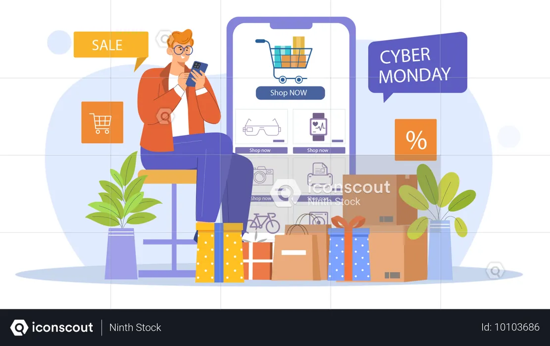 Mann beim Online-Shopping während des Cyber Monday-Ausverkaufs  Illustration