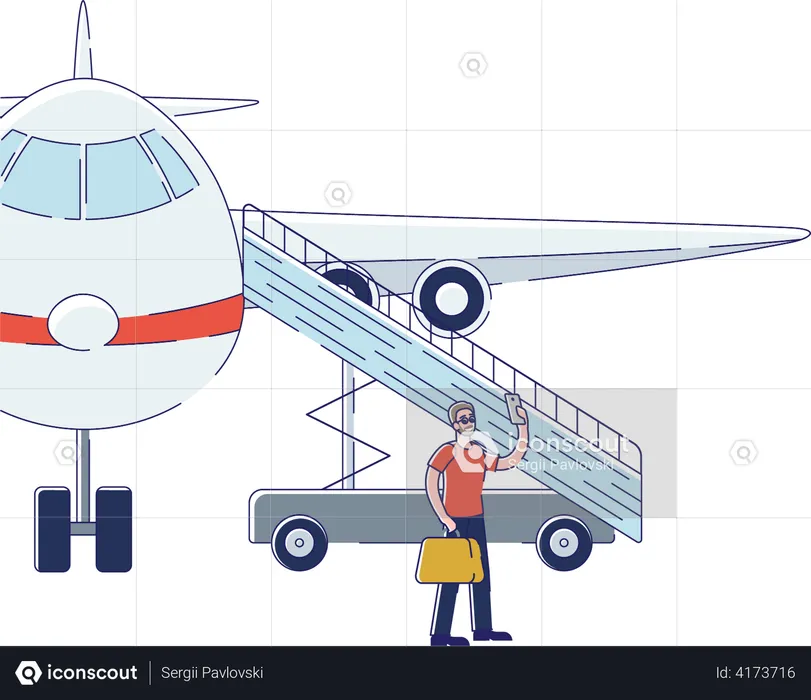 Mann macht Selfie mit dem Flugzeug, bevor er ins Flugzeug steigt  Illustration