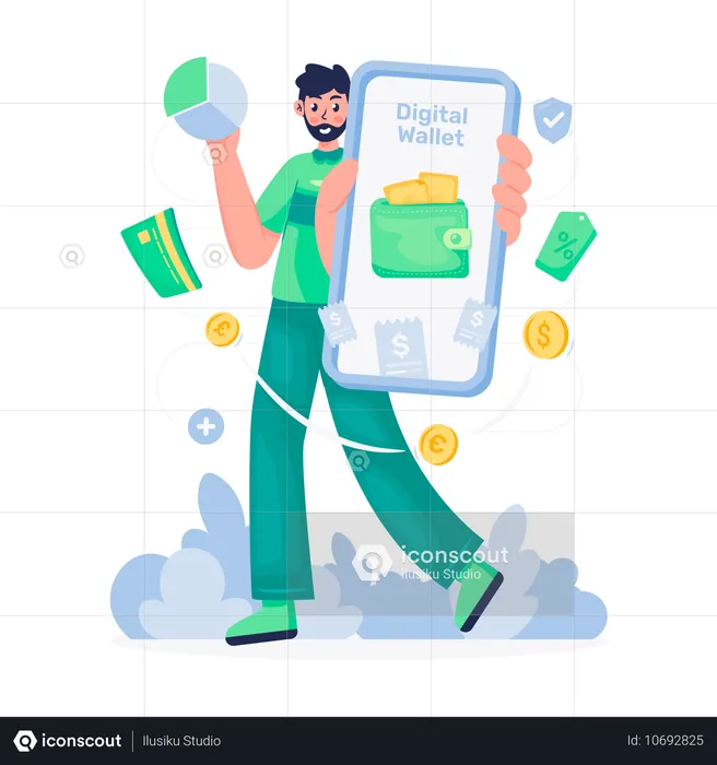 Mann mit und Digital Wallet-Bericht  Illustration