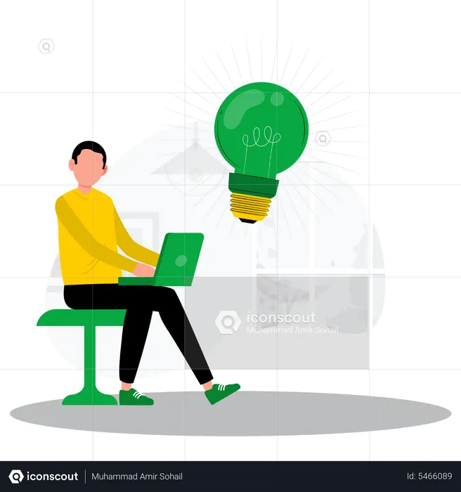 Mann mit Idee arbeitet am Laptop  Illustration