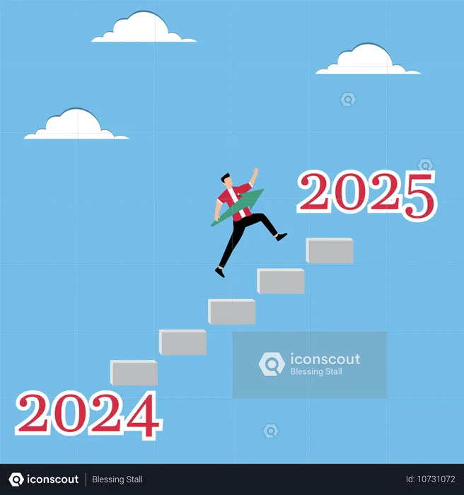 Mann mit Pfeil springt von 2024 nach 2025  Illustration