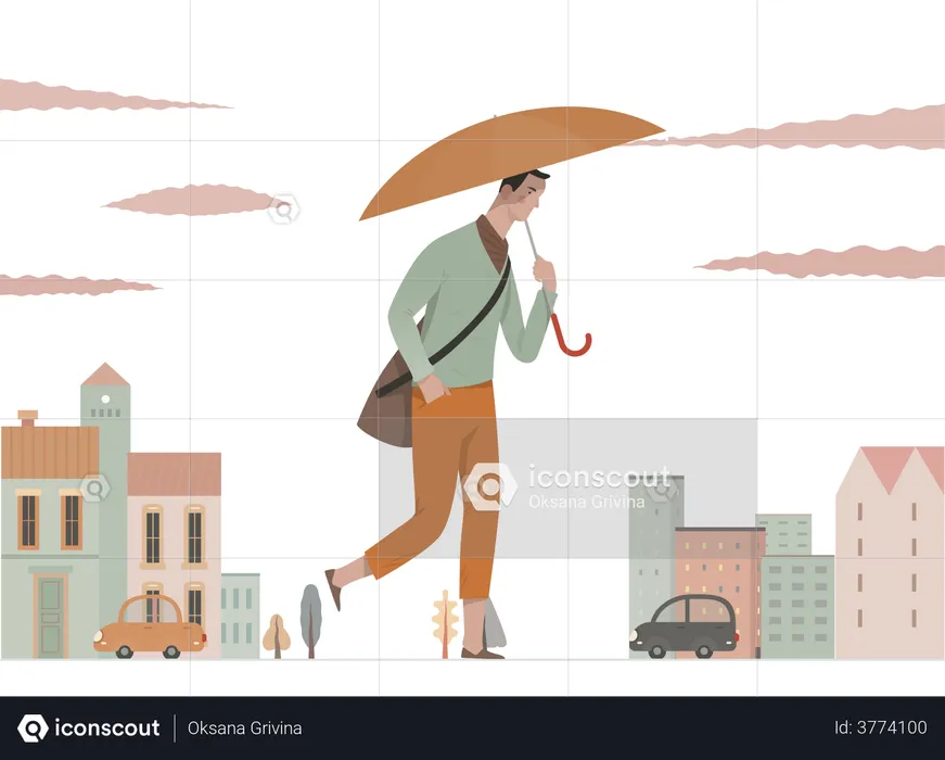 Mann mit Regenschirm läuft im Regen  Illustration