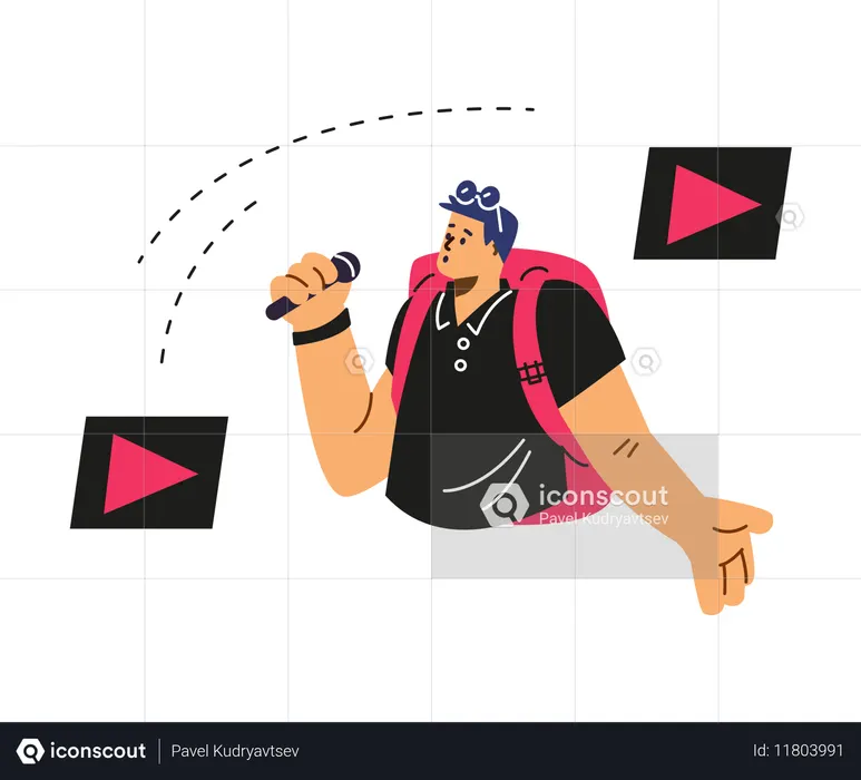 Mann mit Rucksack spricht ins Mikrofon  Illustration