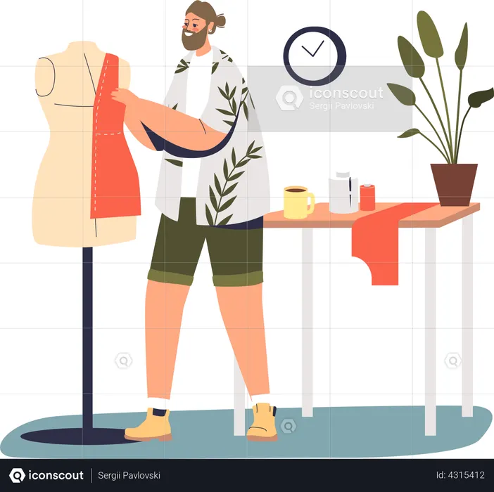 Mann Modedesigner arbeiten mit Stoff und Schaufensterpuppe im Studio  Illustration
