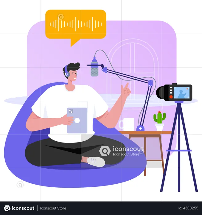 Mann nimmt bequem sitzend Podcast auf  Illustration