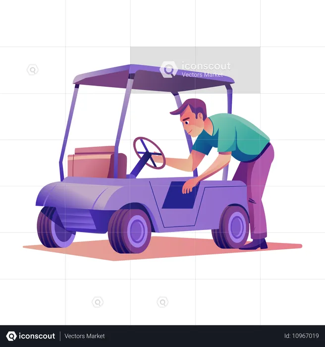 Mann holt Sachen aus Golfwagen  Illustration