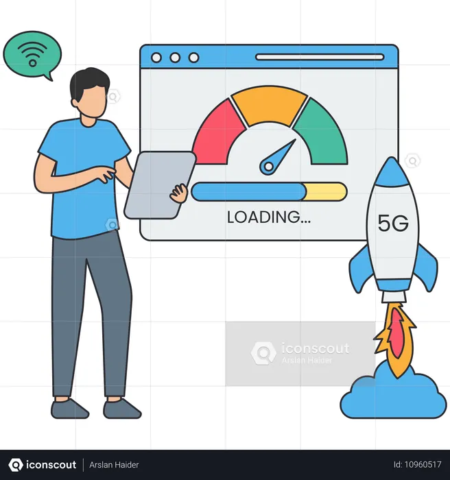 Mann nutzt 5G-Internet während der Arbeit im Büro  Illustration