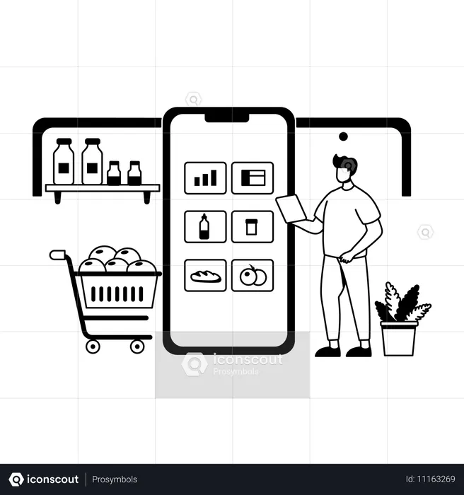 Mann nutzt Online-Lebensmittel-App  Illustration