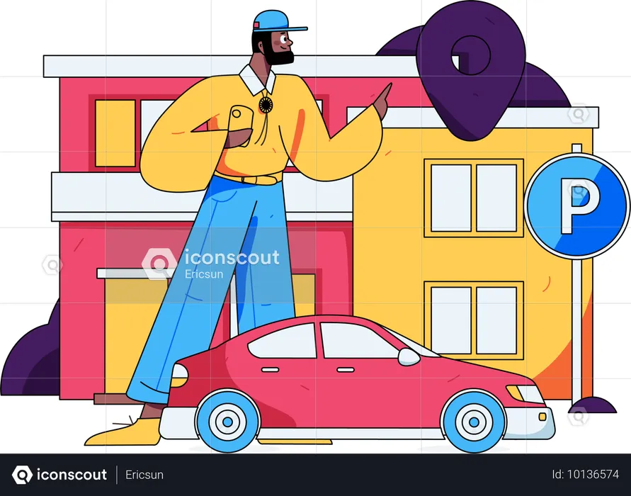 Mann parkt sein Taxi auf Parkplatz  Illustration