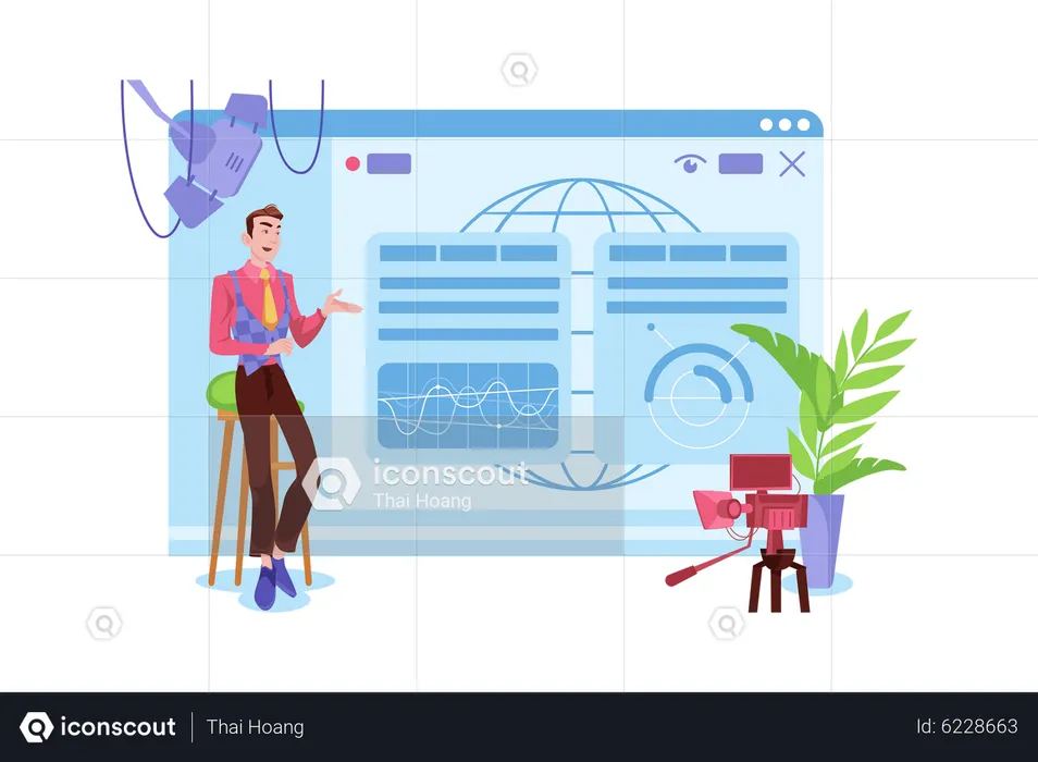 Mann präsentiert Statistiken online  Illustration