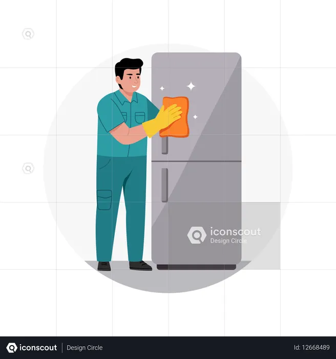 Mann putzt Kühlschranktür  Illustration