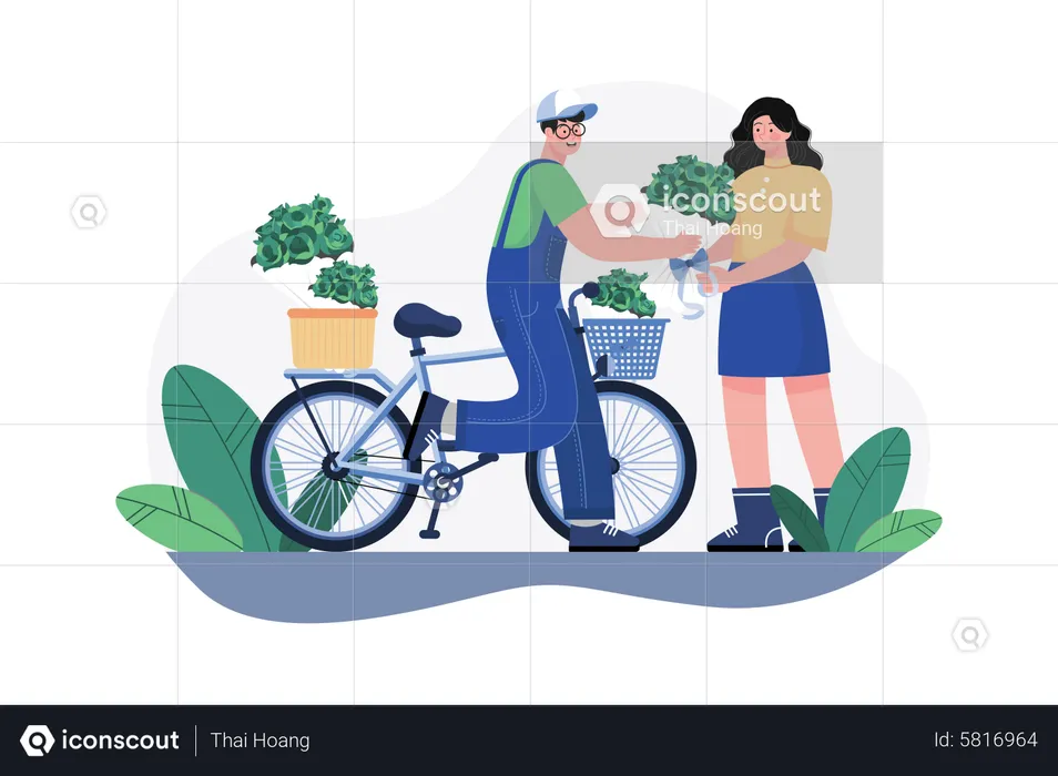 Mann schenkt Blumenstrauß auf Fahrrad  Illustration