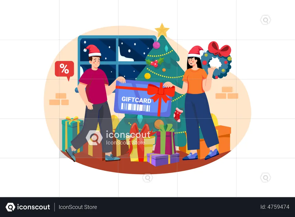 Mann schenkt Frau Weihnachtsgeschenkkarte  Illustration
