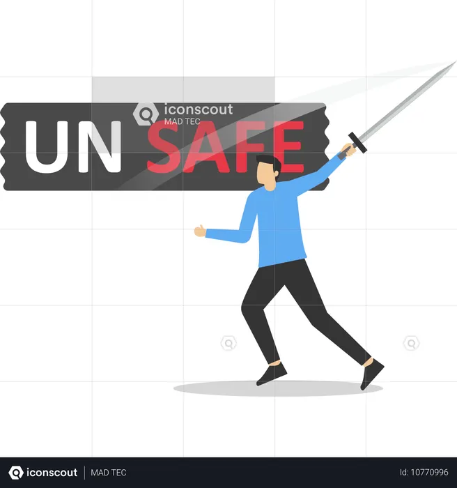 Mann schneidet mit Schwert das Wort „UNSAFE“ auf Aufkleberbuchstaben ab, um „SAFE“ zu erhalten  Illustration