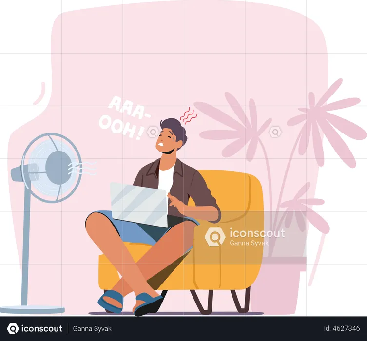 Mann sitzt im Sommer vor einem Tischventilator  Illustration