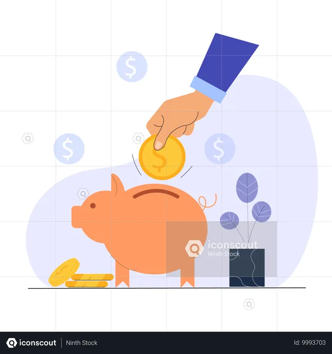 Mann spart Geld im Sparschwein  Illustration