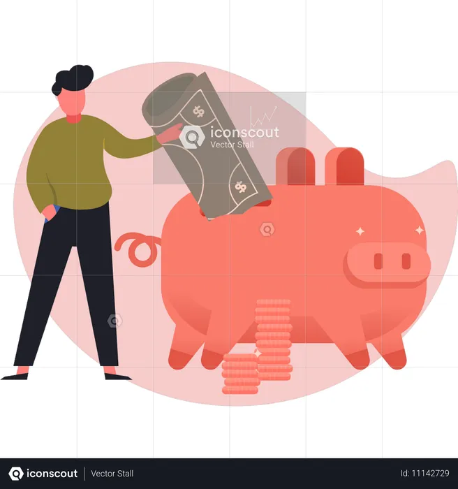 Mann spart Geld im Sparschwein  Illustration