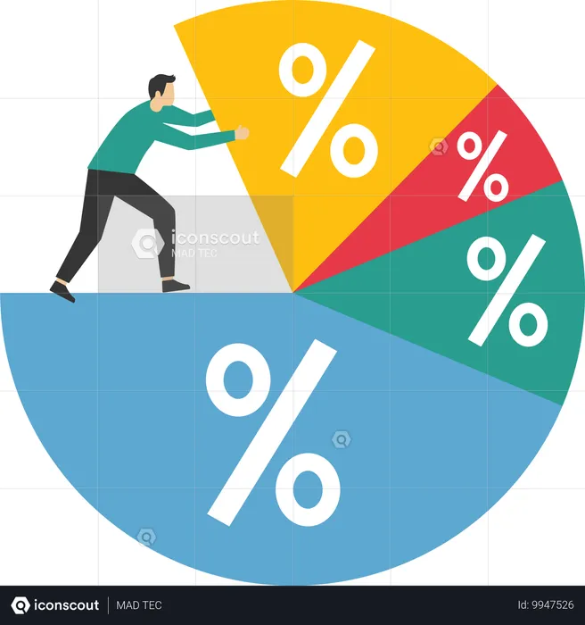 Mann steht auf Kreisdiagramm und schiebt Zuordnung auf Position mit der besten Leistung  Illustration