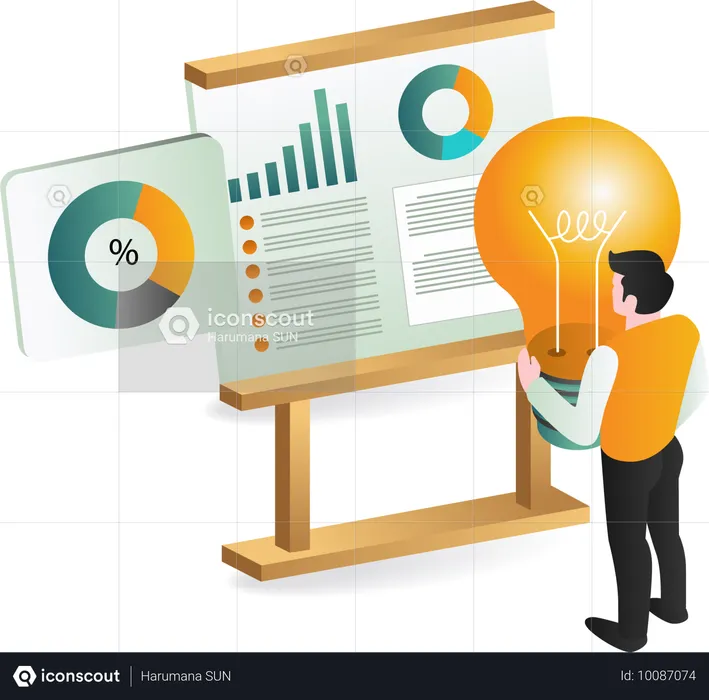 Mann steht neben Whiteboard mit Brainstorming-Analyseidee  Illustration