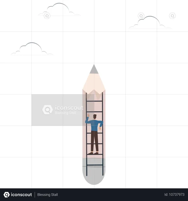 Mann steigt Treppe hinauf zum oberen Ende eines Bleistifts  Illustration