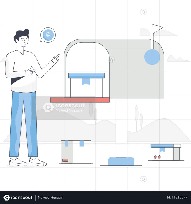 Mann sucht Lieferpaket im Briefkasten  Illustration