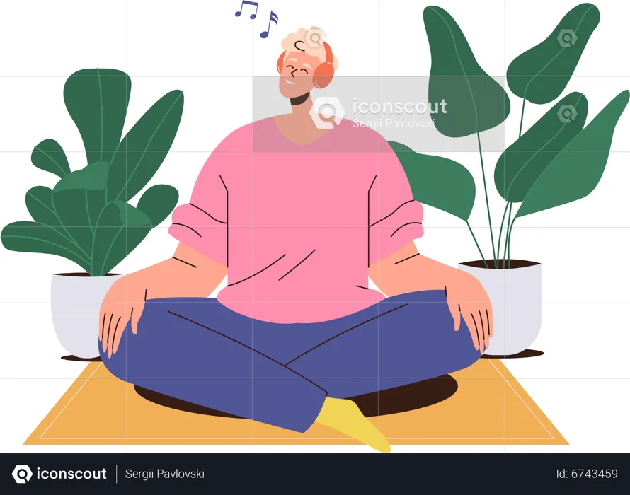 Mann mit kabellosem Kopfhörer-Headset, der zu Hause auf dem Boden sitzt und Musik hört  Illustration