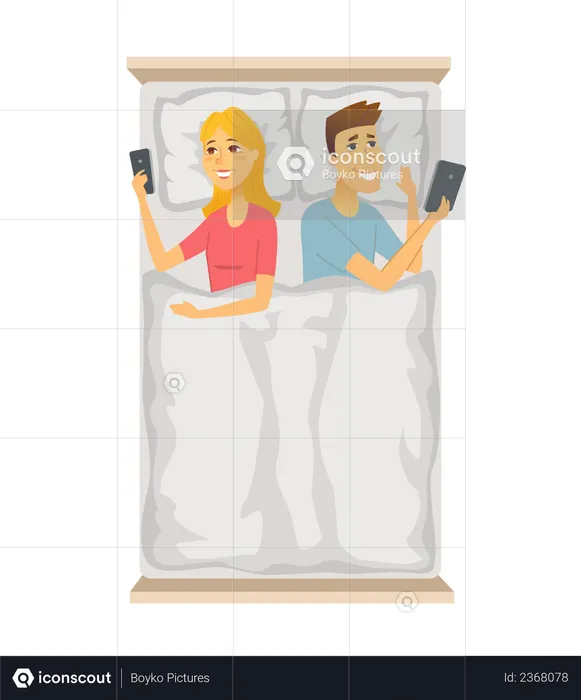 Mann und Frau benutzen Handy im Schlafzimmer  Illustration