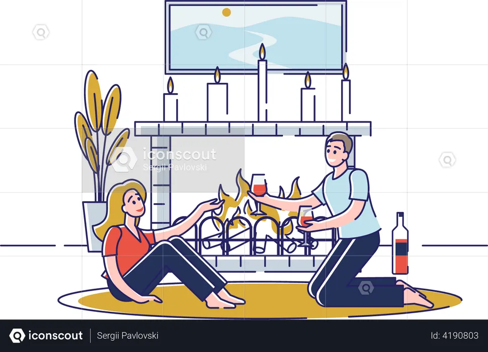 Mann und Frau trinken Wein und sitzen an der Feuerstelle  Illustration