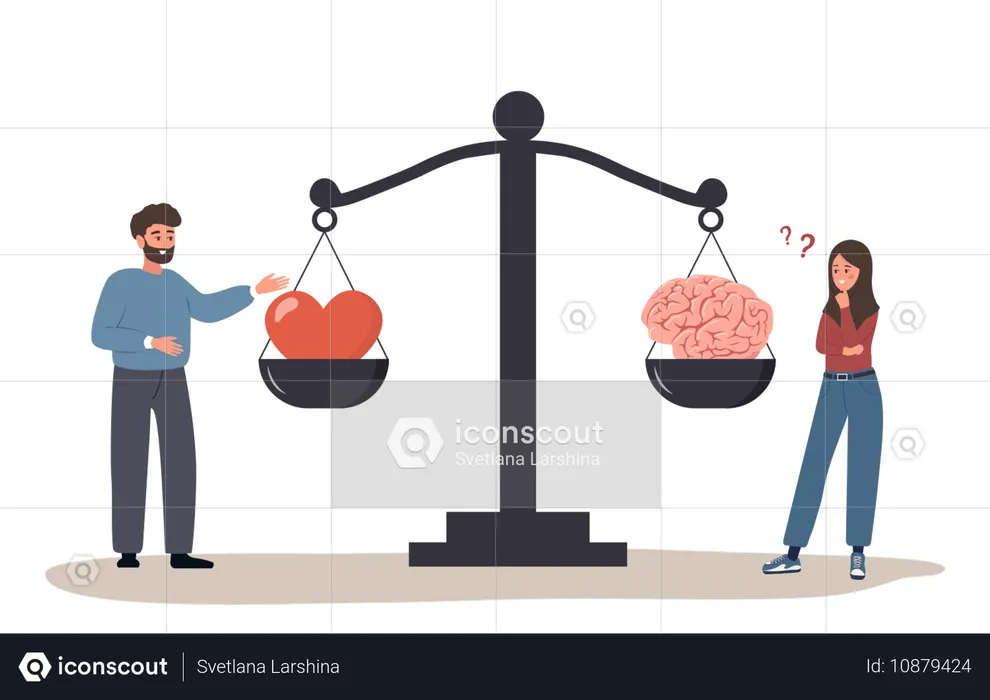 Mann und Frau vergleichen logisches Denken und Emotionen auf der Skala  Illustration