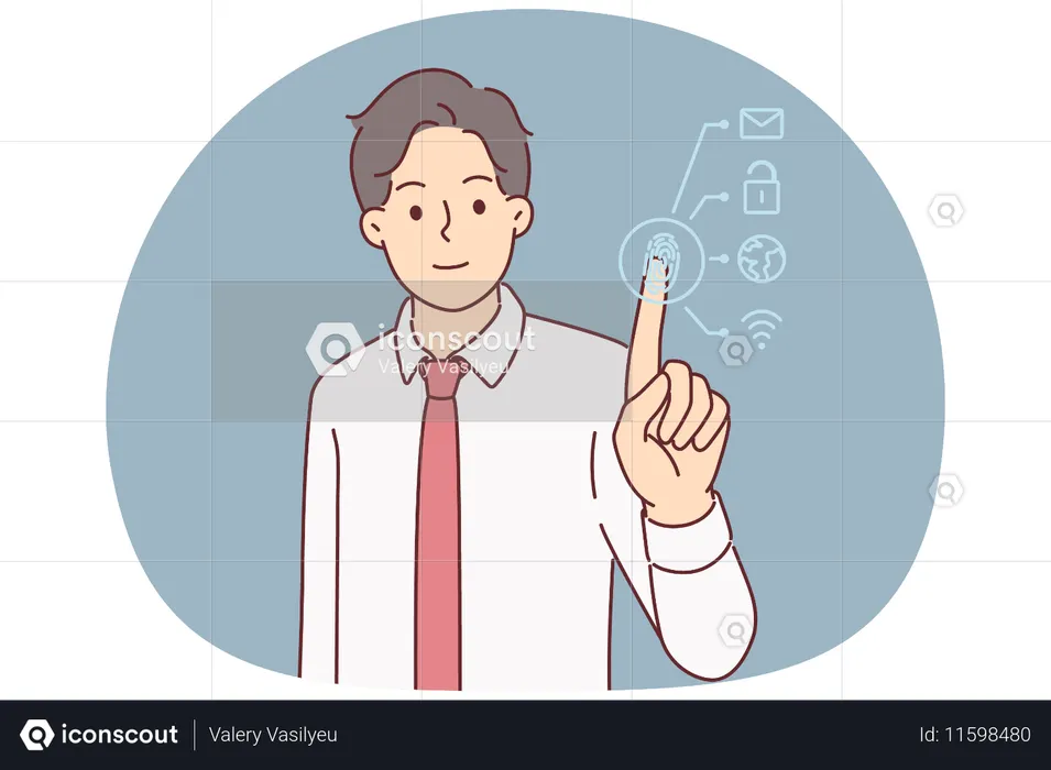 Mann unterzieht sich biometrischer Authentifizierung per Fingerabdruckscanner, um Zugang zum Backoffice zu erhalten  Illustration