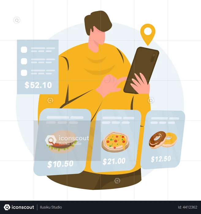 Mann wählt Essen per App aus  Illustration