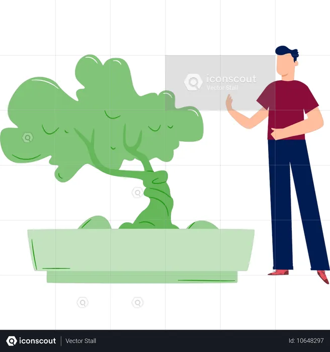 Mann zeigt grünen Baum im Garten  Illustration