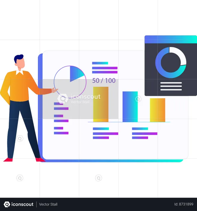 Mann zeigt auf Kreisdiagramm auf Bildschirm  Illustration