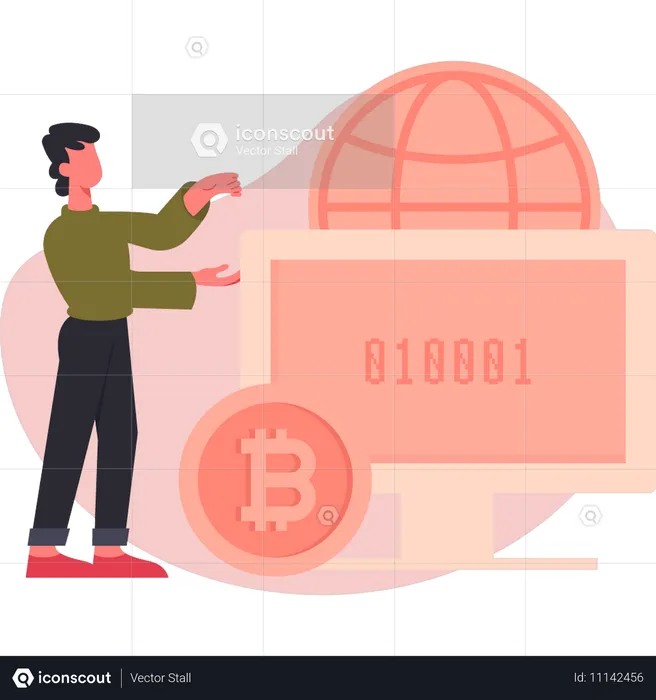 Mann zeigt Bitcoin-Codierung  Illustration