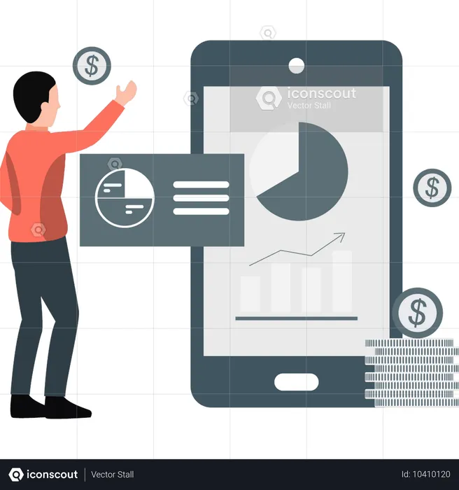 Mann zeigt Diagramm auf Handy-Bildschirm  Illustration