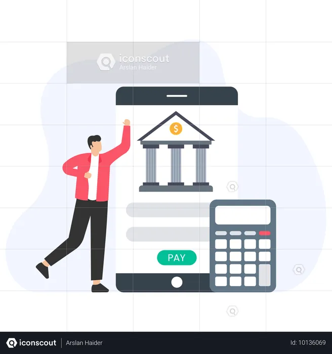 Mann zeigt Finanzrechner-App  Illustration