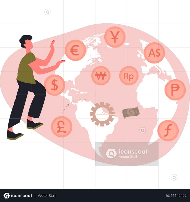 Mann zeigt globale Kryptowährung  Illustration