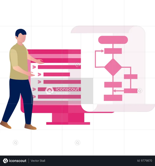 Mann zeigt grafisches Diagramm auf Monitor  Illustration