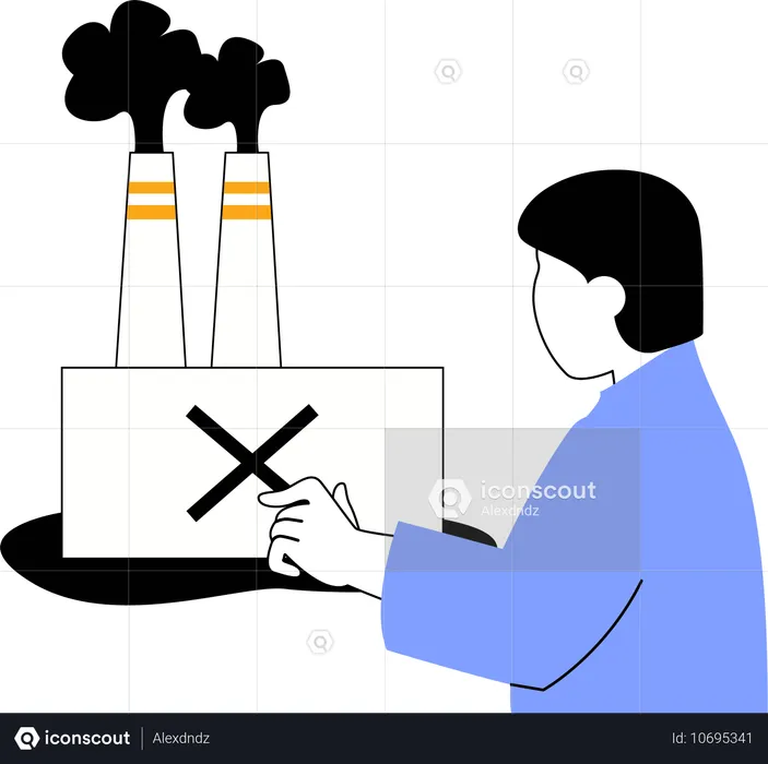 Mann zeigt die Umweltverschmutzung durch die Industrie  Illustration