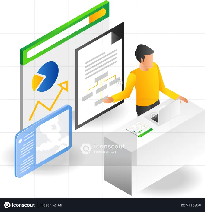 Mann zeigt monatliche Geschäftsdatenanalysetafel  Illustration