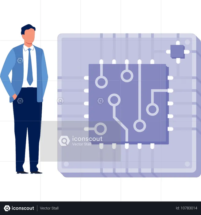 Mann zeigt Netzwerkchip  Illustration