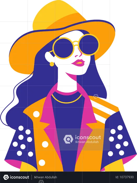 Personnage de mannequin fille portant des lunettes de soleil et un chapeau à la mode dans un style rétro  Illustration