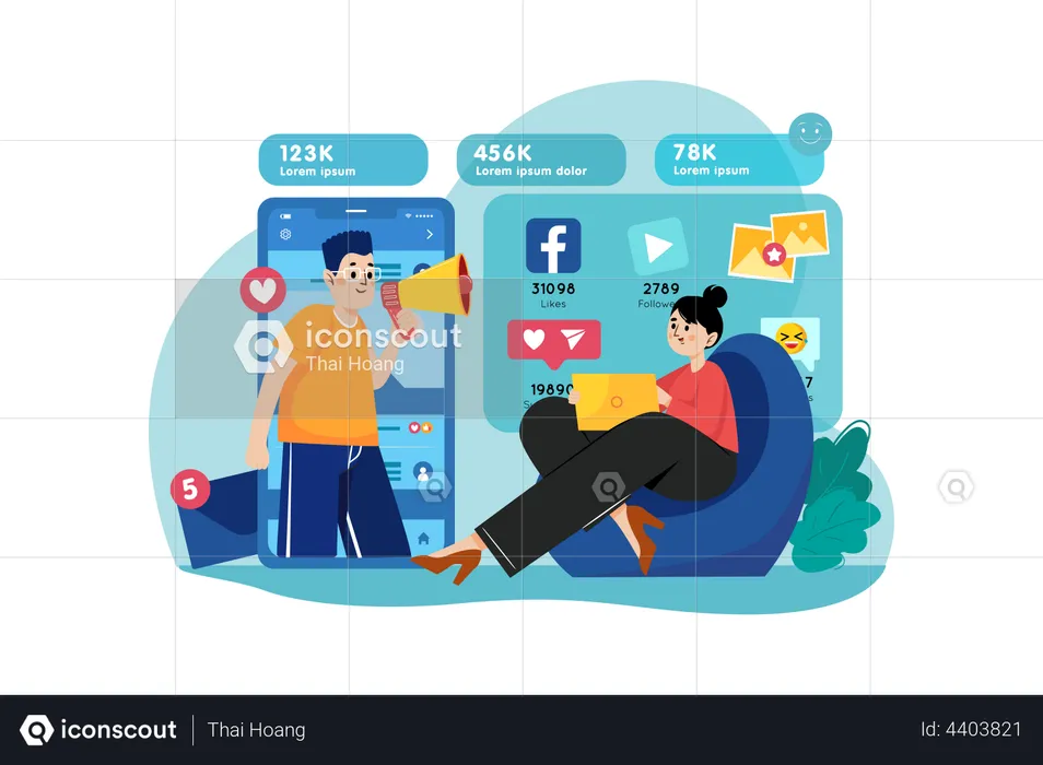 Männliche und weibliche Marketingmitarbeiter im Social Media Marketing  Illustration