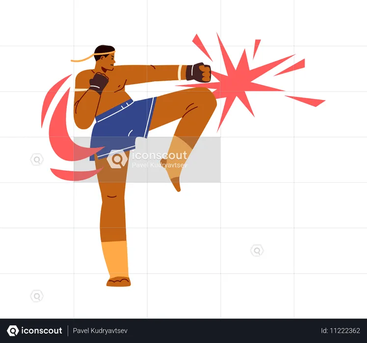 Männlicher Boxer in Sporthandschuhen trainiert Knie- und Armschläge  Illustration