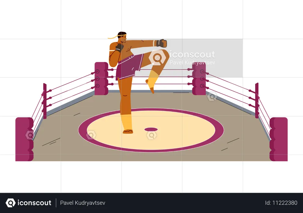Männlicher Boxer in Sporthandschuhen trainiert Knie- und Armschläge  Illustration