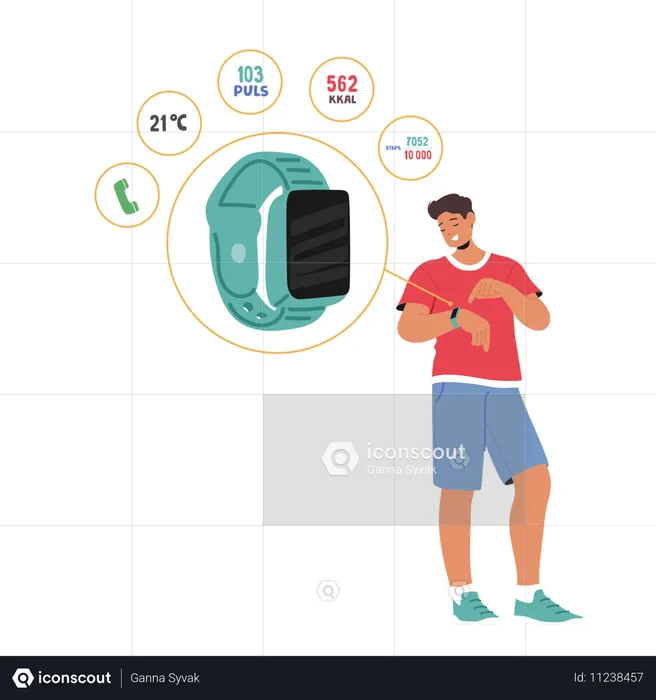 Männlicher Charakter nutzt Smartwatch, um Fitnessmetriken zu verfolgen  Illustration