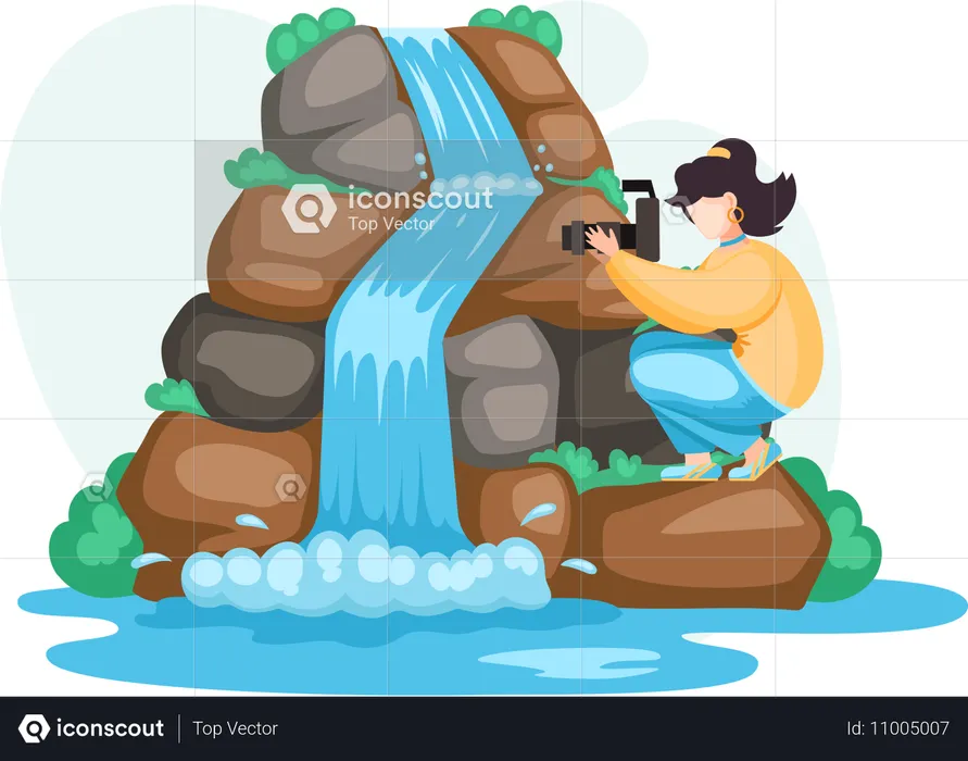 Männlicher Fotograf, der Fotos von einem Wasserfall macht  Illustration